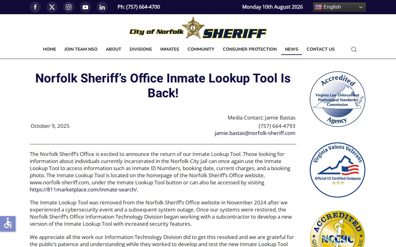 Norfolk City arrest lookup restoration notice from the Sheriff