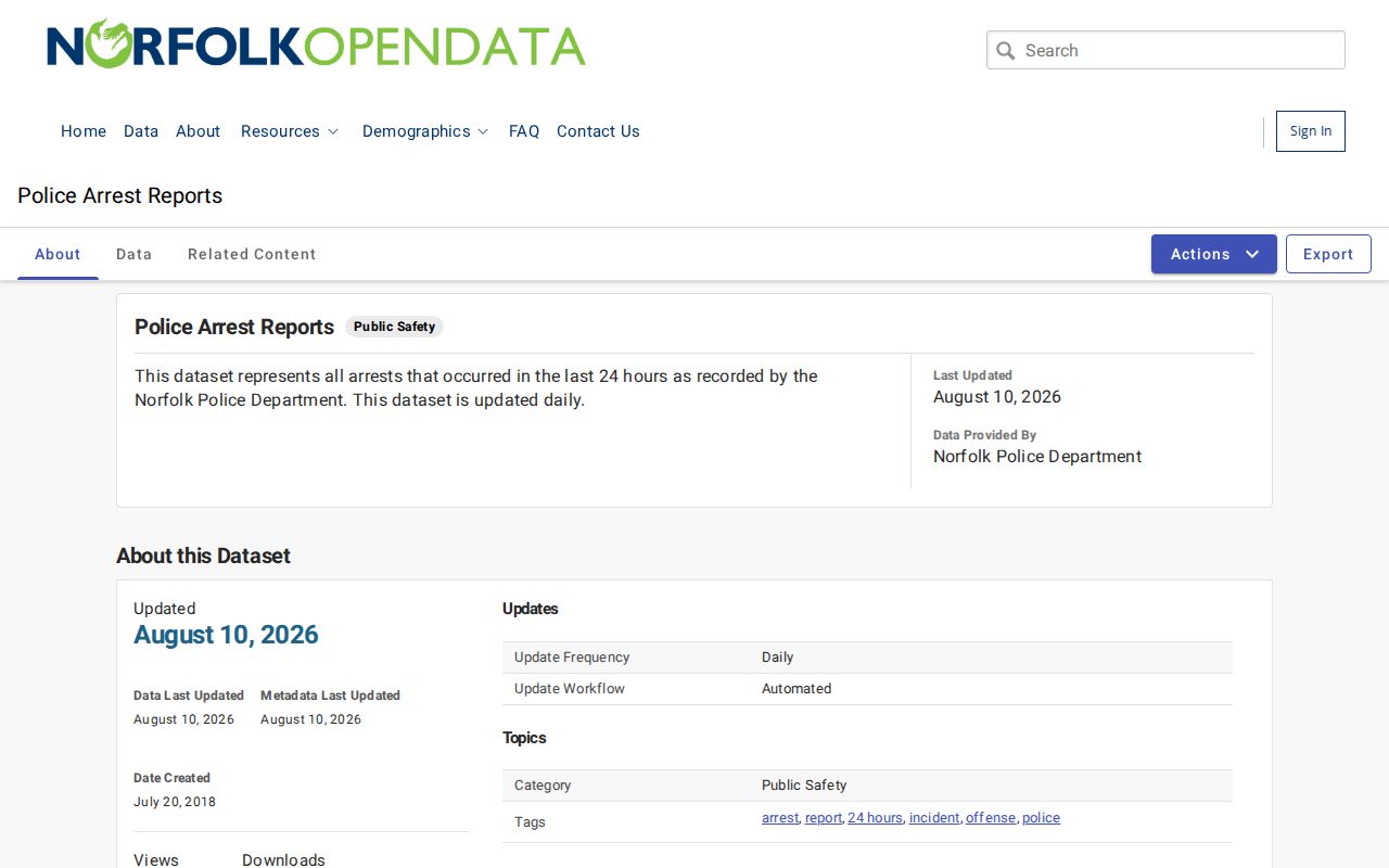 Norfolk City arrest records 24-hour police dataset interface