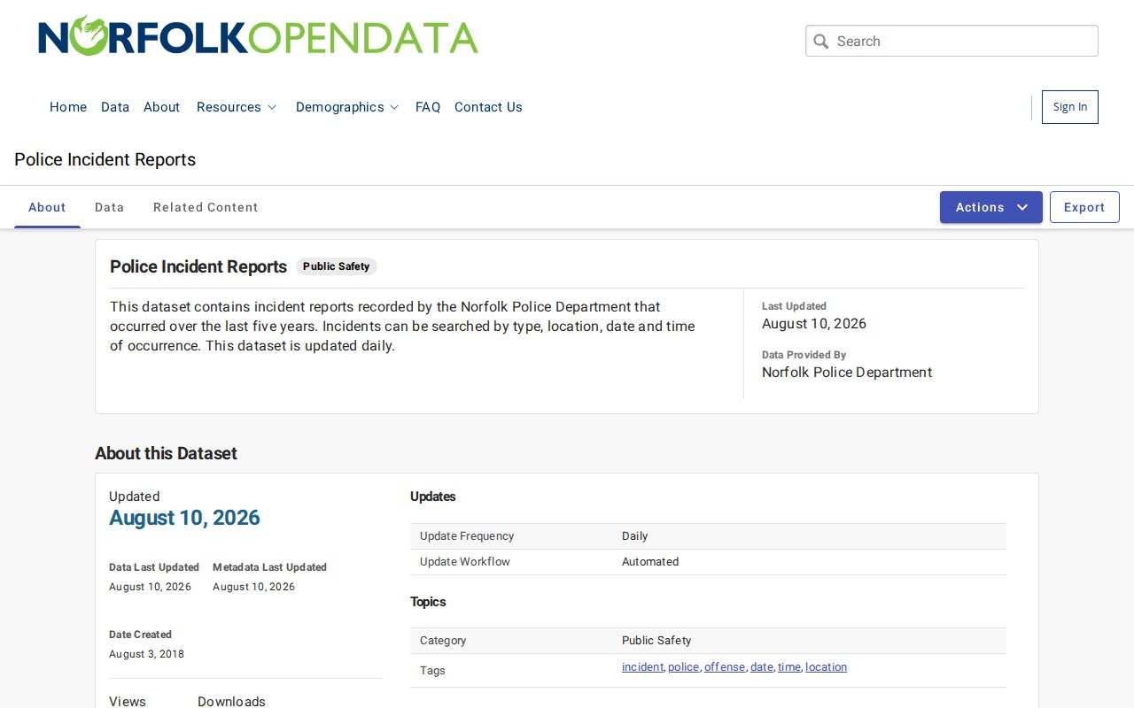 Norfolk Police five-year incident dataset search fields and filters
