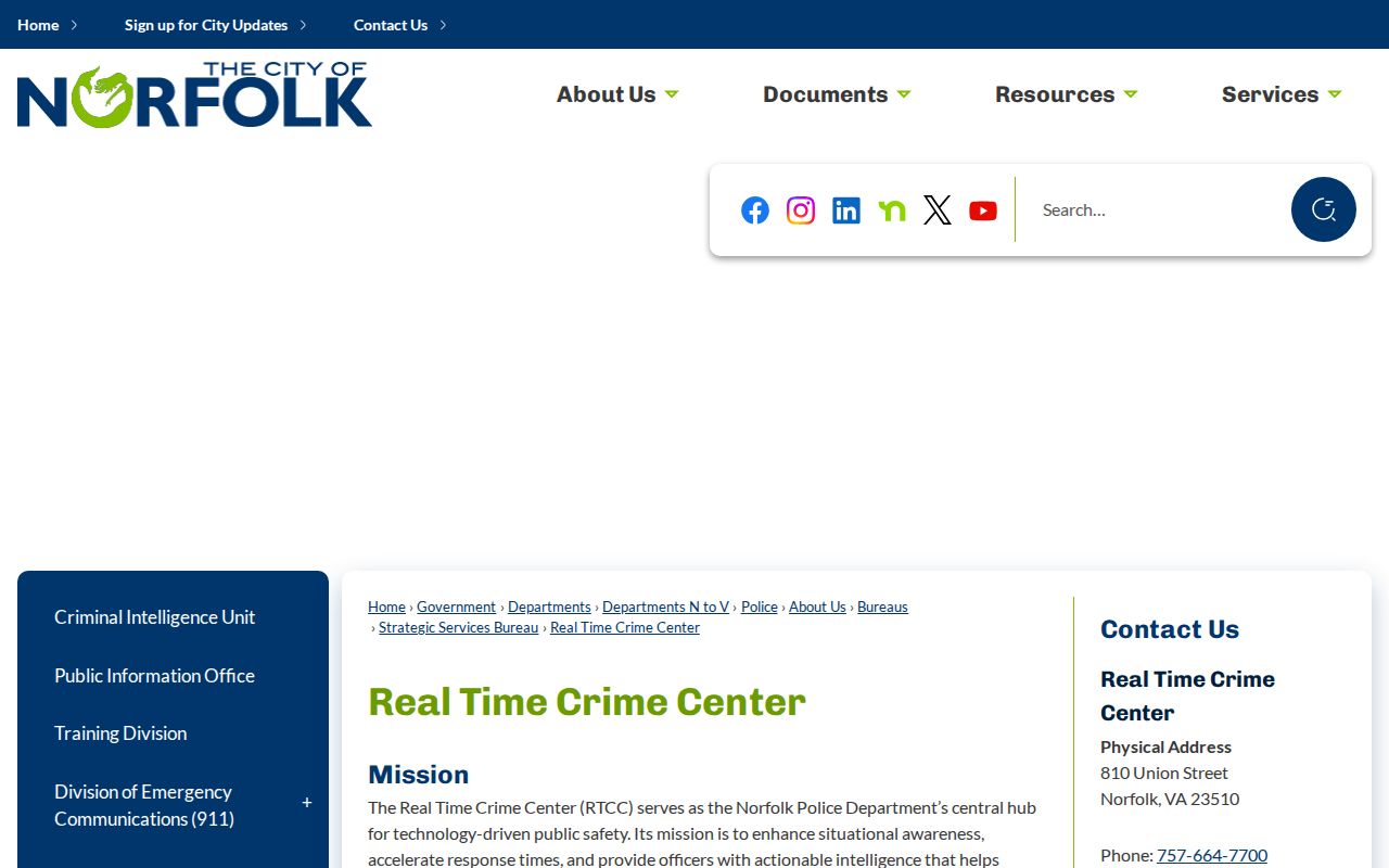 Norfolk Real-Time Crime Center page describing integrated cameras, dispatch, and police records