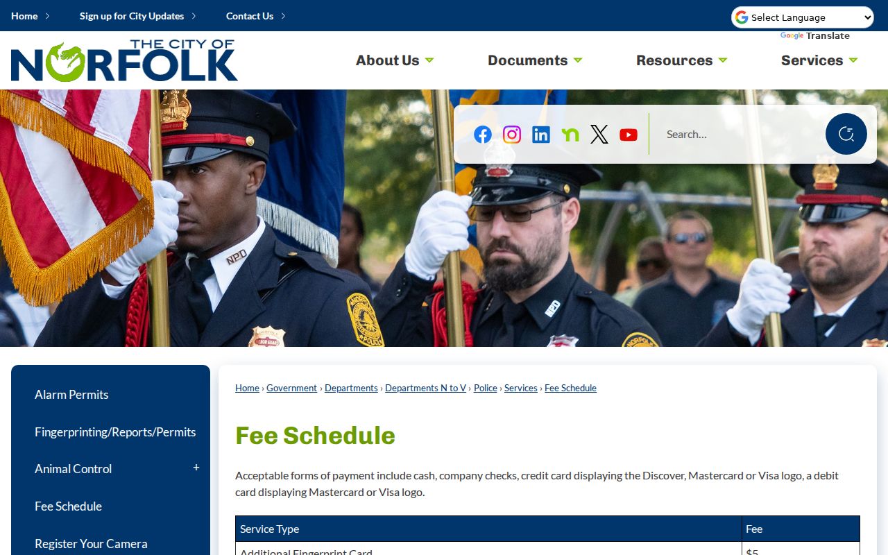 Norfolk Police fee schedule for local record checks, reports, and fingerprint cards