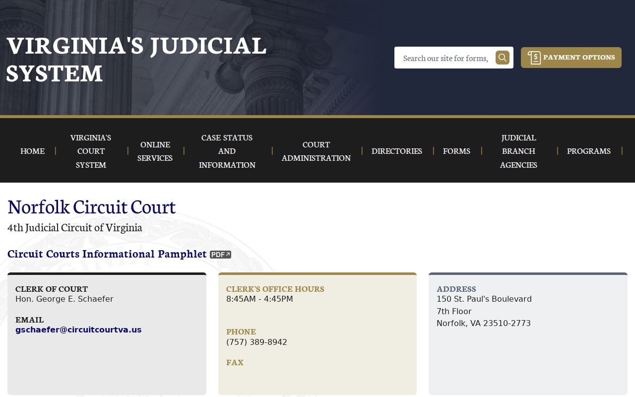 Norfolk Circuit Court page showing the seventh-floor clerk contact