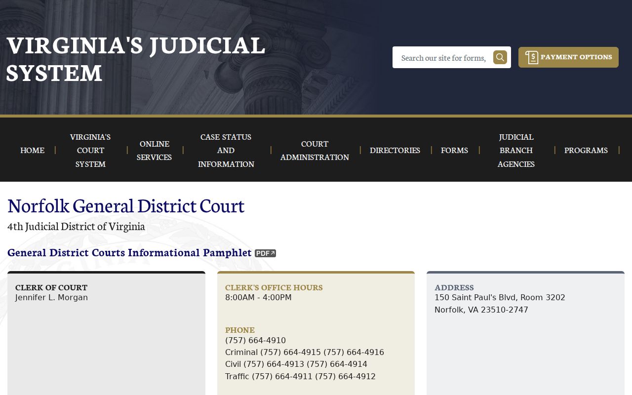 Norfolk General District Court page with criminal division phone lines and calendars