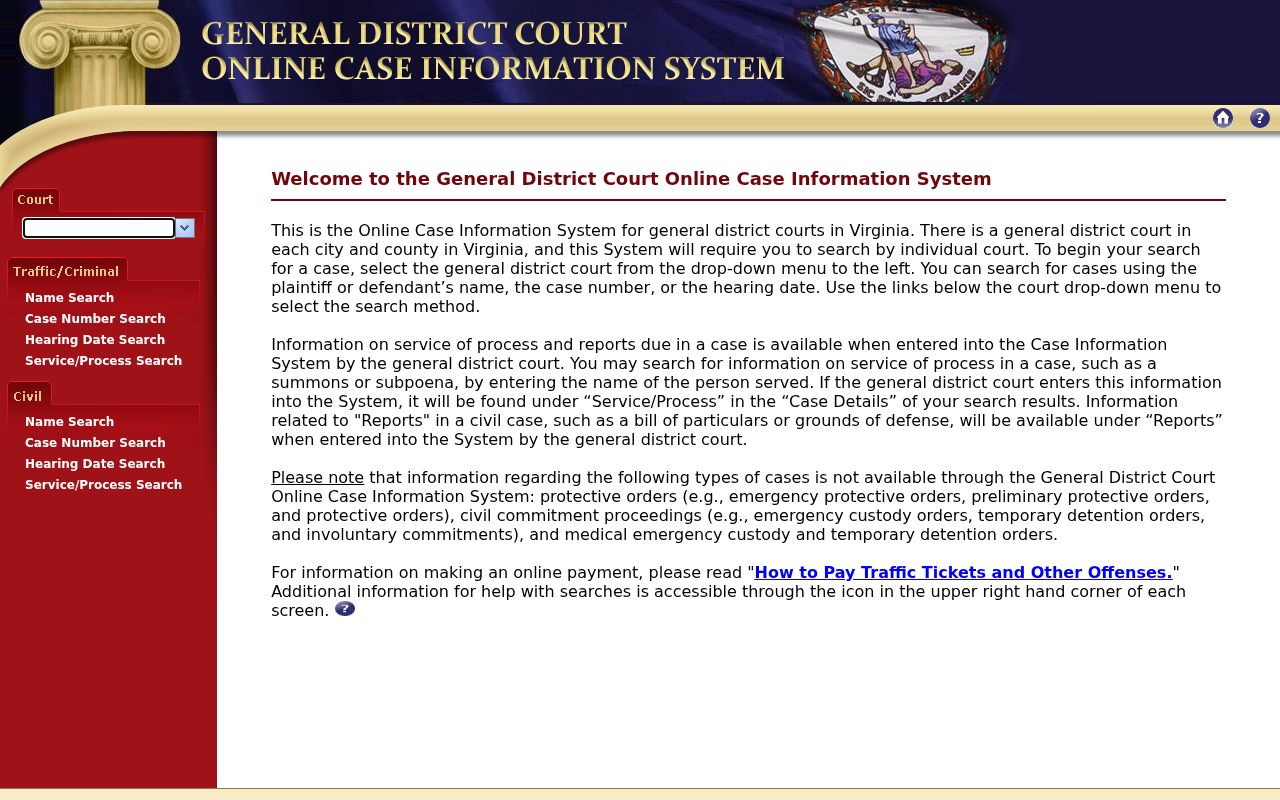 Norfolk General District Court selector for traffic and criminal case searches