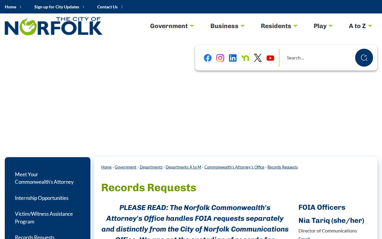 Norfolk Commonwealth's Attorney records request page for its separate FOIA process