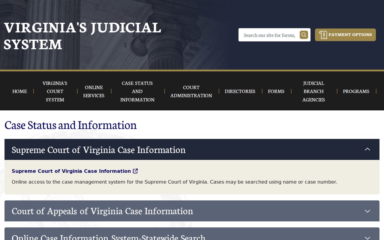 Virginia Case Information page with statewide criminal court search choices