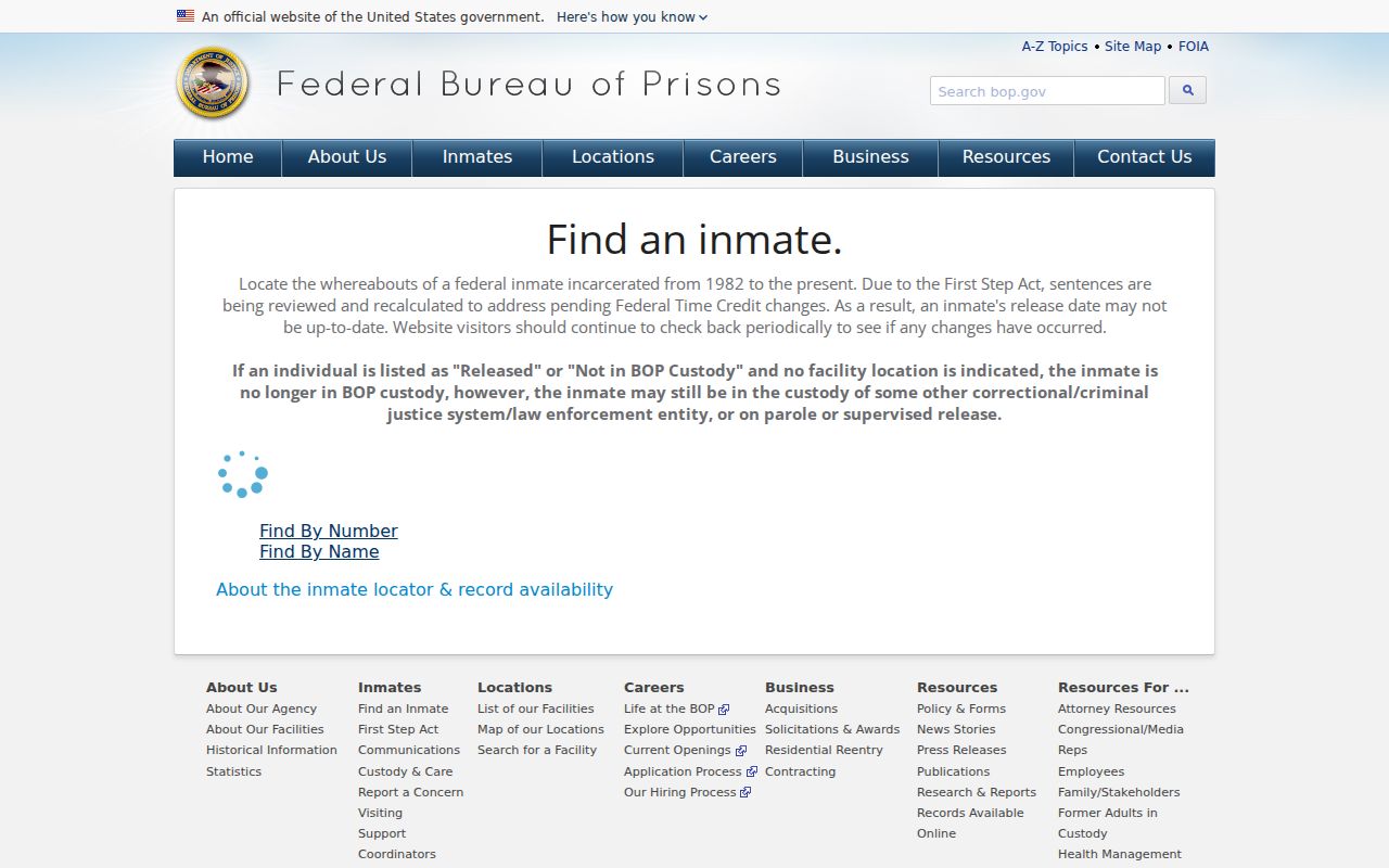 Blank federal Bureau of Prisons inmate locator search form