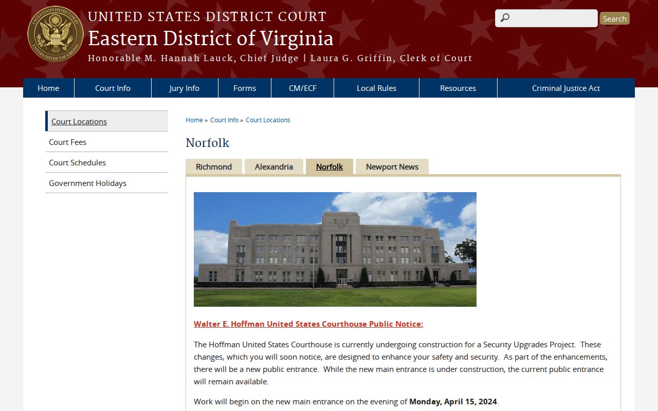 Eastern District of Virginia Norfolk courthouse official information page