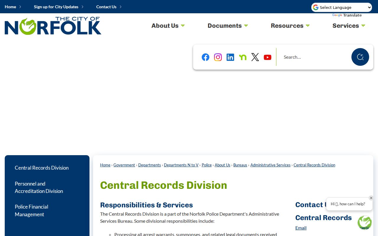 Norfolk Police Central Records official page showing its named records units