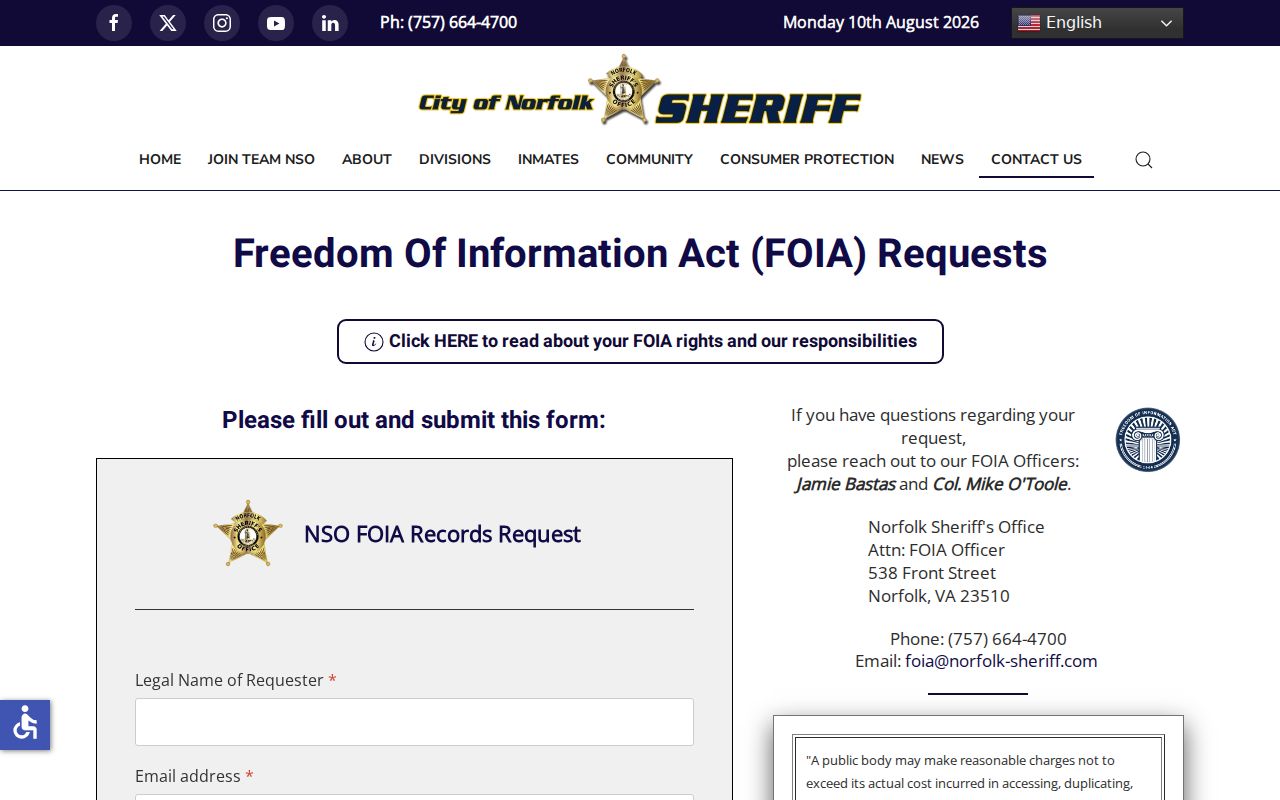 Norfolk Sheriff FOIA request form for jail and sheriff records