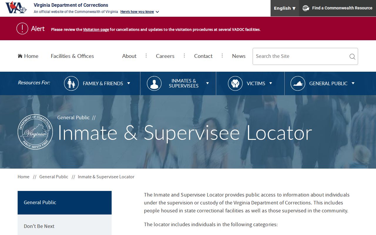 Blank Virginia Department of Corrections inmate and supervisee locator form