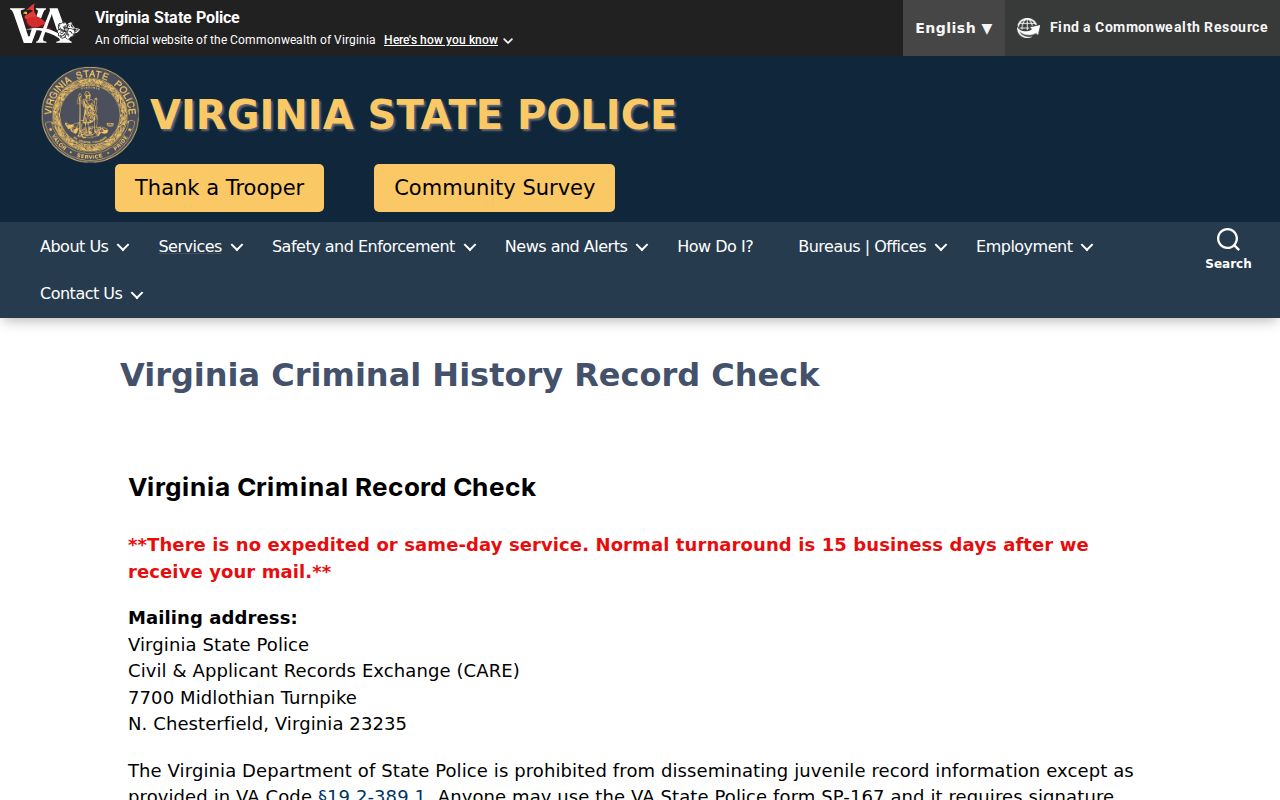 Virginia State Police SP-167 criminal history request procedure