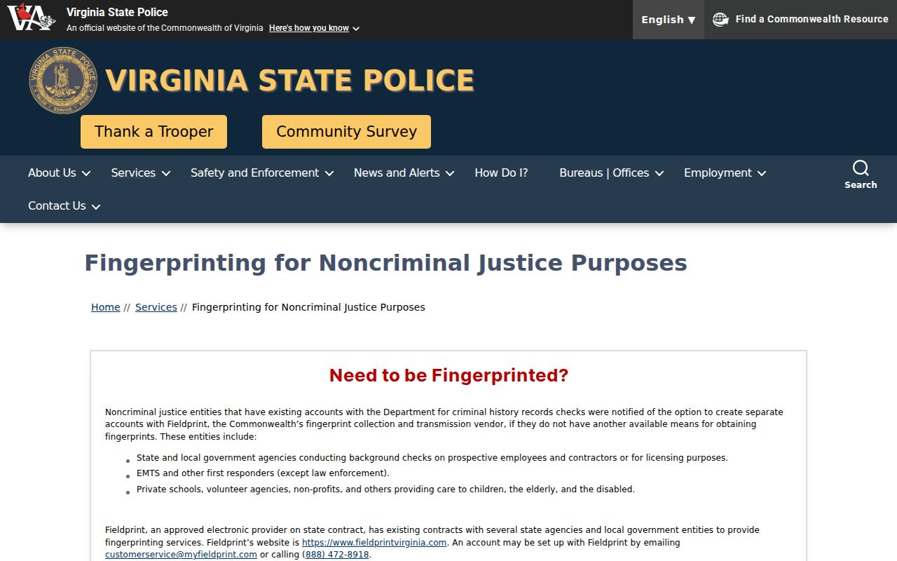 Virginia State Police fingerprinting page describing Fieldprint and VSP service limits