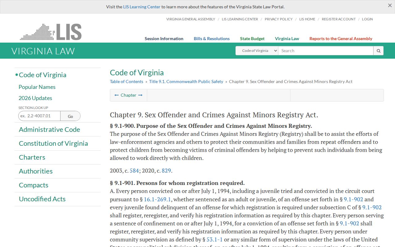 Virginia law governing Norfolk City sex offender registry duties
