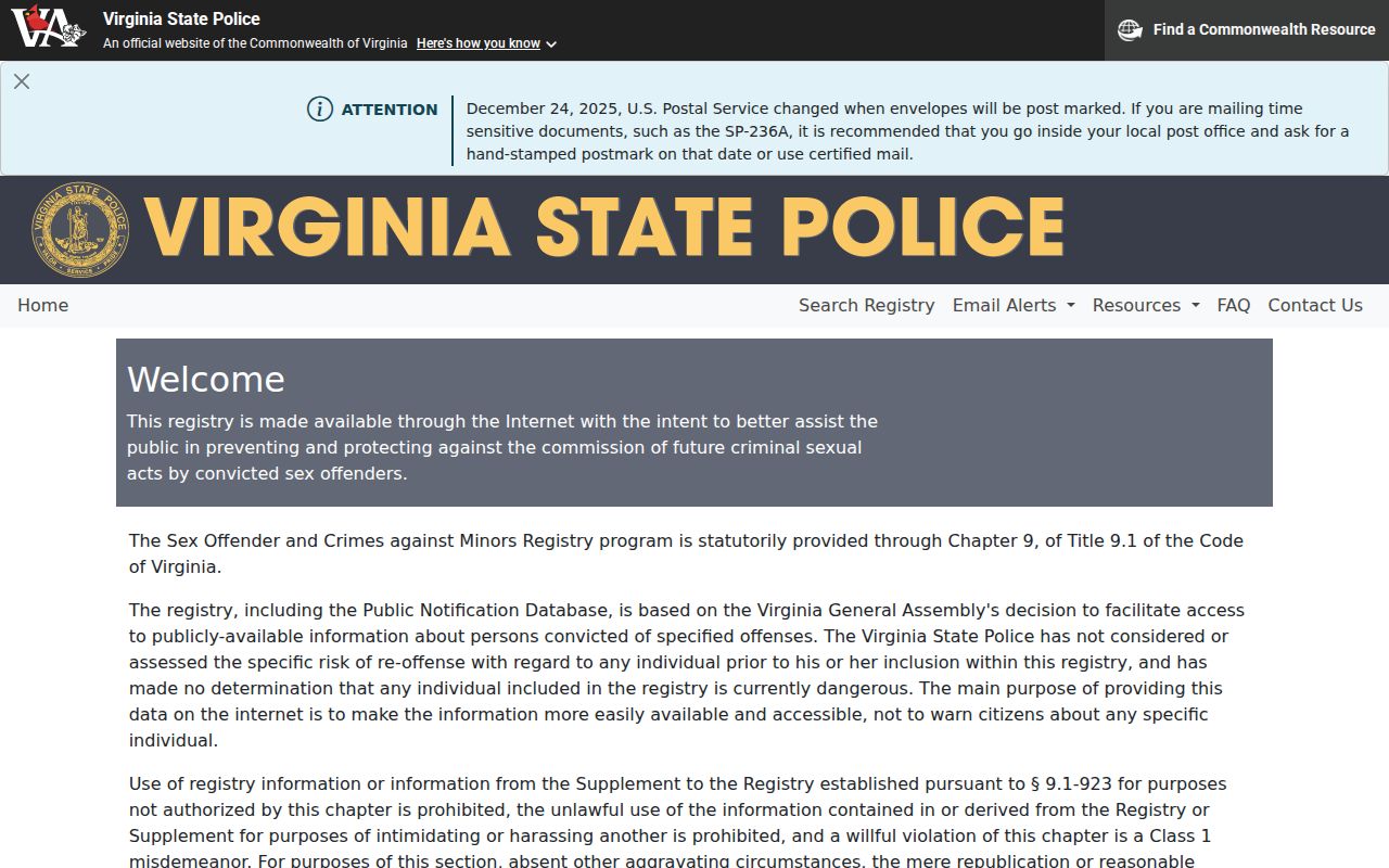 Norfolk City sex offender search form on the Virginia registry